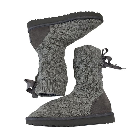 UGG Womens Gray Cable Knit Bailey Bow Boots Size 8 - Picture 2 of 5